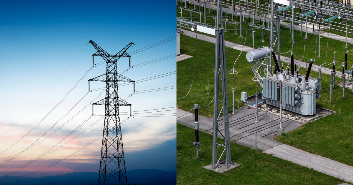 Transmission line proximity versus substation capacity in data center site selection, featuring power lines and a utility substation transformer.
