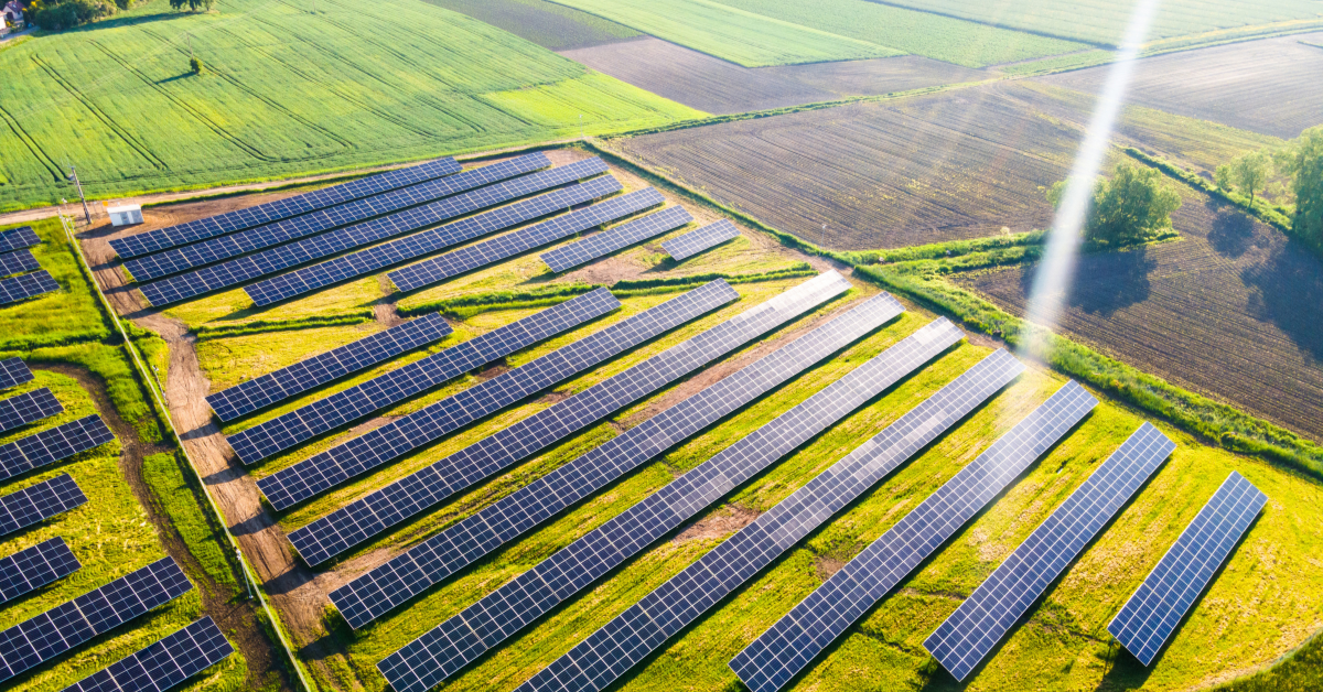 Aerial view of solar panels co-located on agricultural farmland, illustrating agrivoltaics site selection and dual use solar land compatibility.